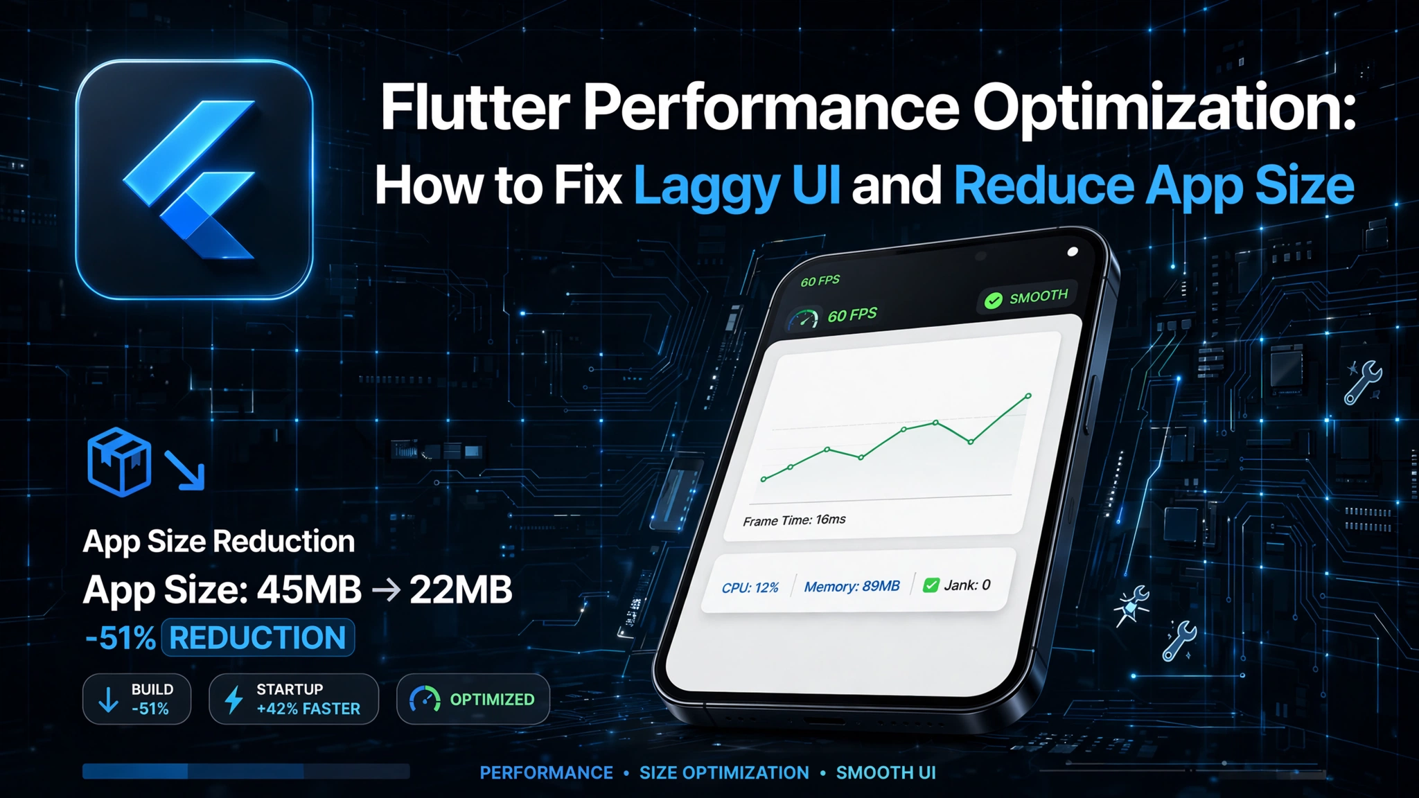 Flutter performance optimization illustration showing mobile phone with 60 FPS smooth UI metrics and app size reduction from 45MB to 22MB