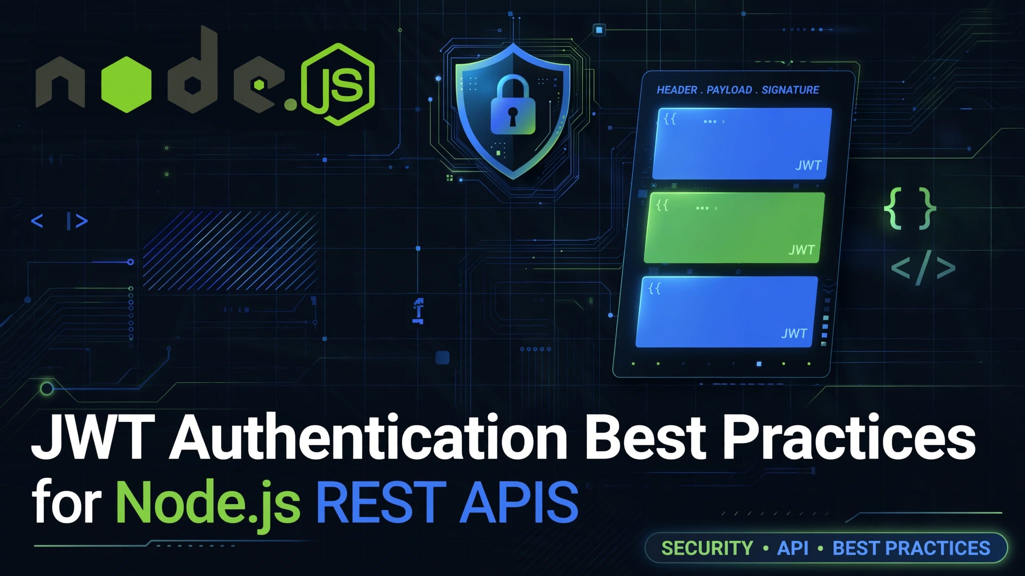 JWT authentication best practices for Node.js REST APIs illustration showing secure token structure with header payload signature shield and Node.js logo