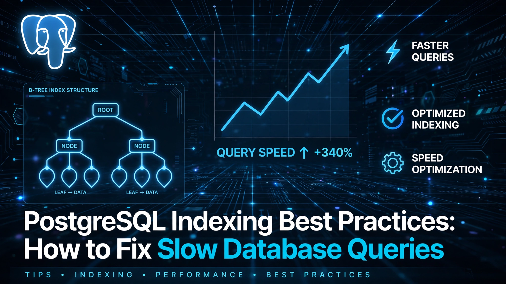 PostgreSQL indexing best practices illustration showing B-tree index structure and query speed improvement chart for fixing slow database queries