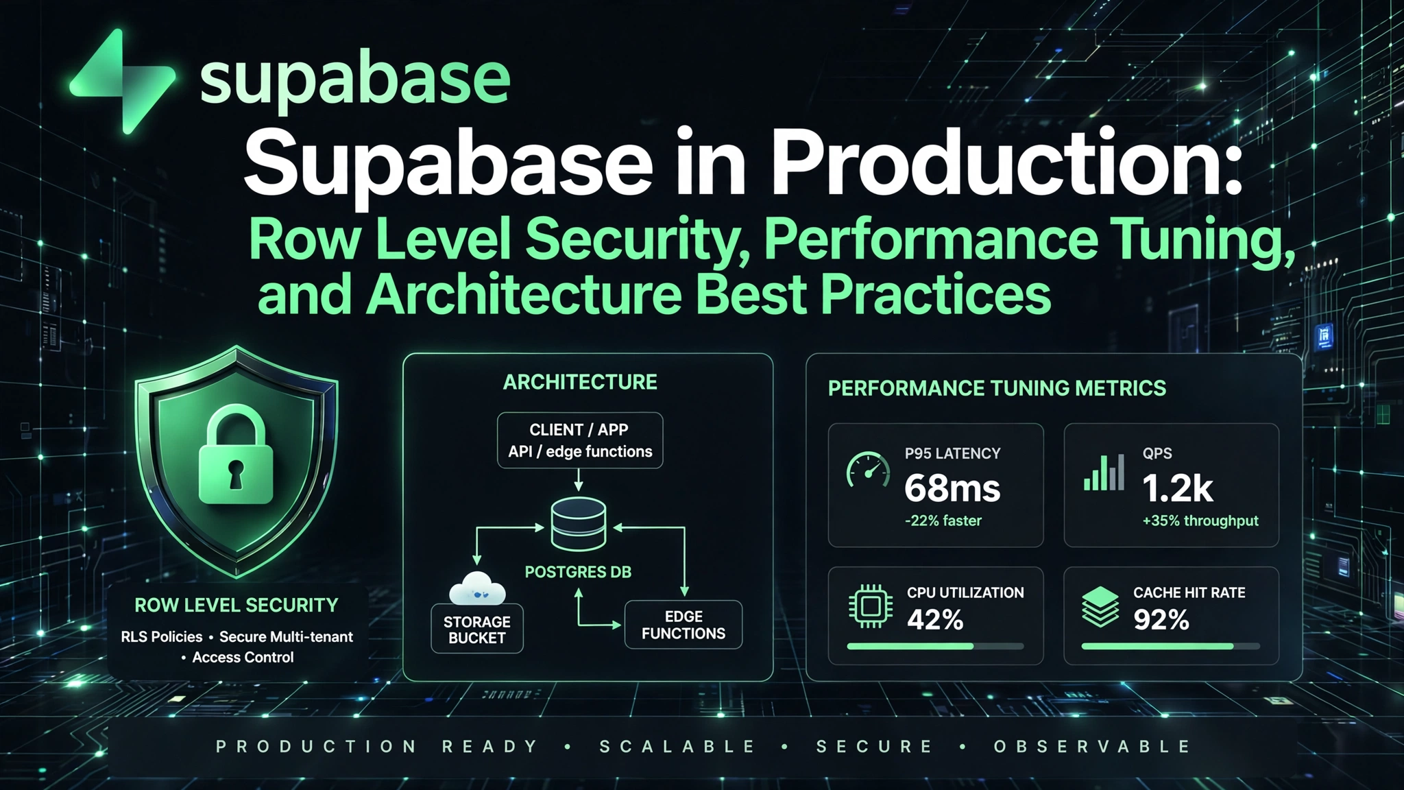 Supabase in production illustration showing Row Level Security shield, architecture diagram with Postgres database edge functions and storage bucket, and performance tuning metrics